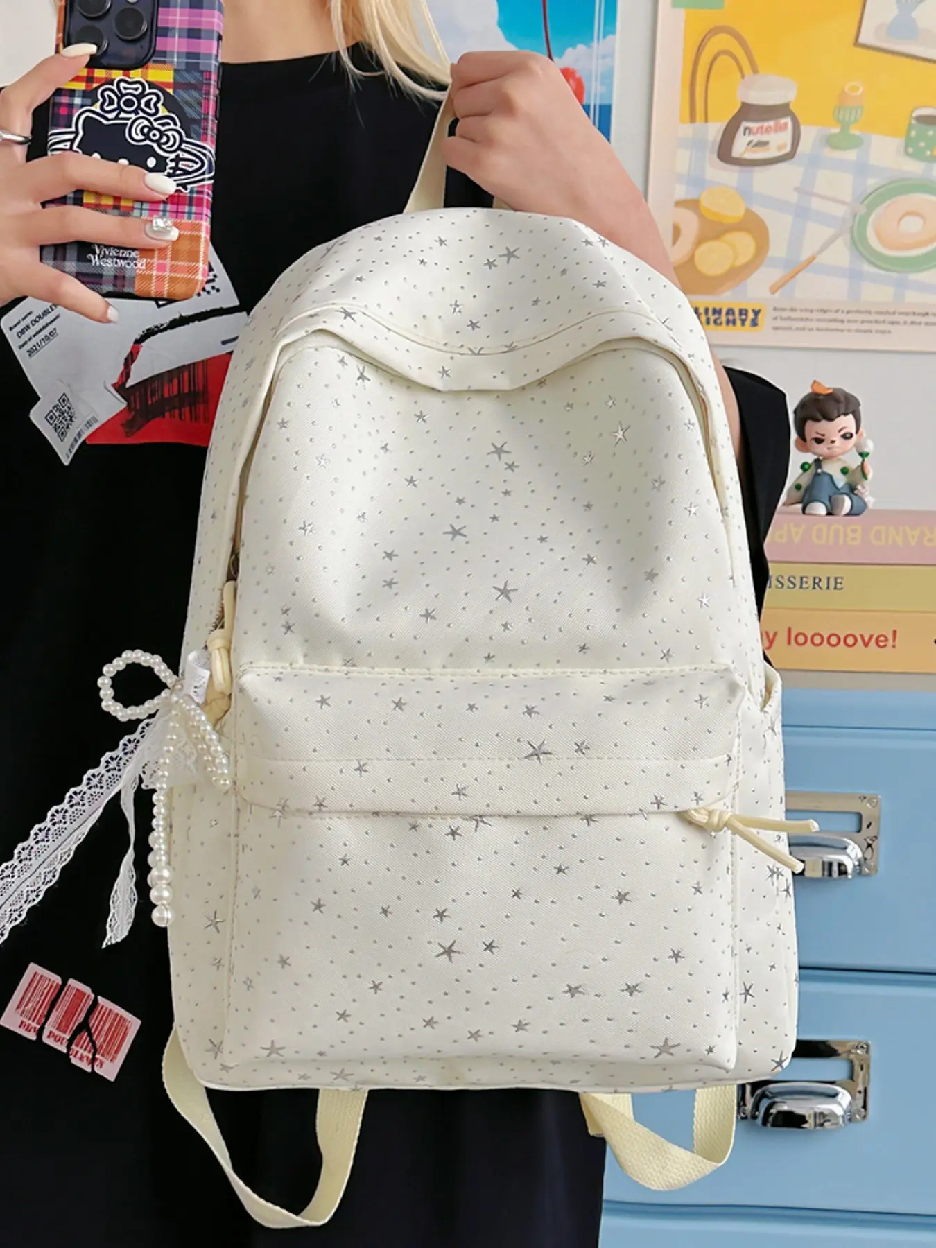 Korean Style Star Pattern Backpack, Sweet Teen Student Bag, Lace Pearl Charm, Lightweight Nylon, Large Capacity, Casual Travel Backpack