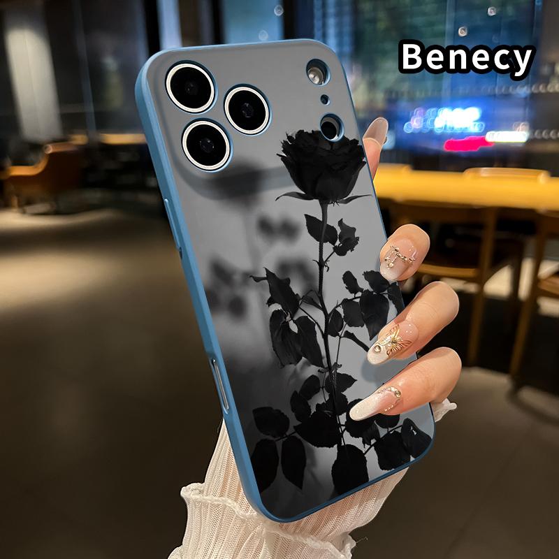 Straight Edge Phone Case for iPhone 17 15 16 14 Pro Max 13 12 11 XR XS Plus Air E Black Rose Pattern Anti-Scratch Shockproof Soft Liquid Silicone Protective Cover Smartphone Casing
