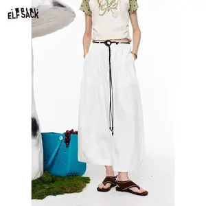 ELFSACK High Waist Wide Leg White Pants, Drawstring Decorative Loose Trousers, Casual Linen-Look Pants for Women
