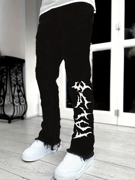 Men's Letter Printed Slim Fit Stretch Flare Jeans, Comfortable Denim for All Seasons, Stylish Streetwear for Modern Men