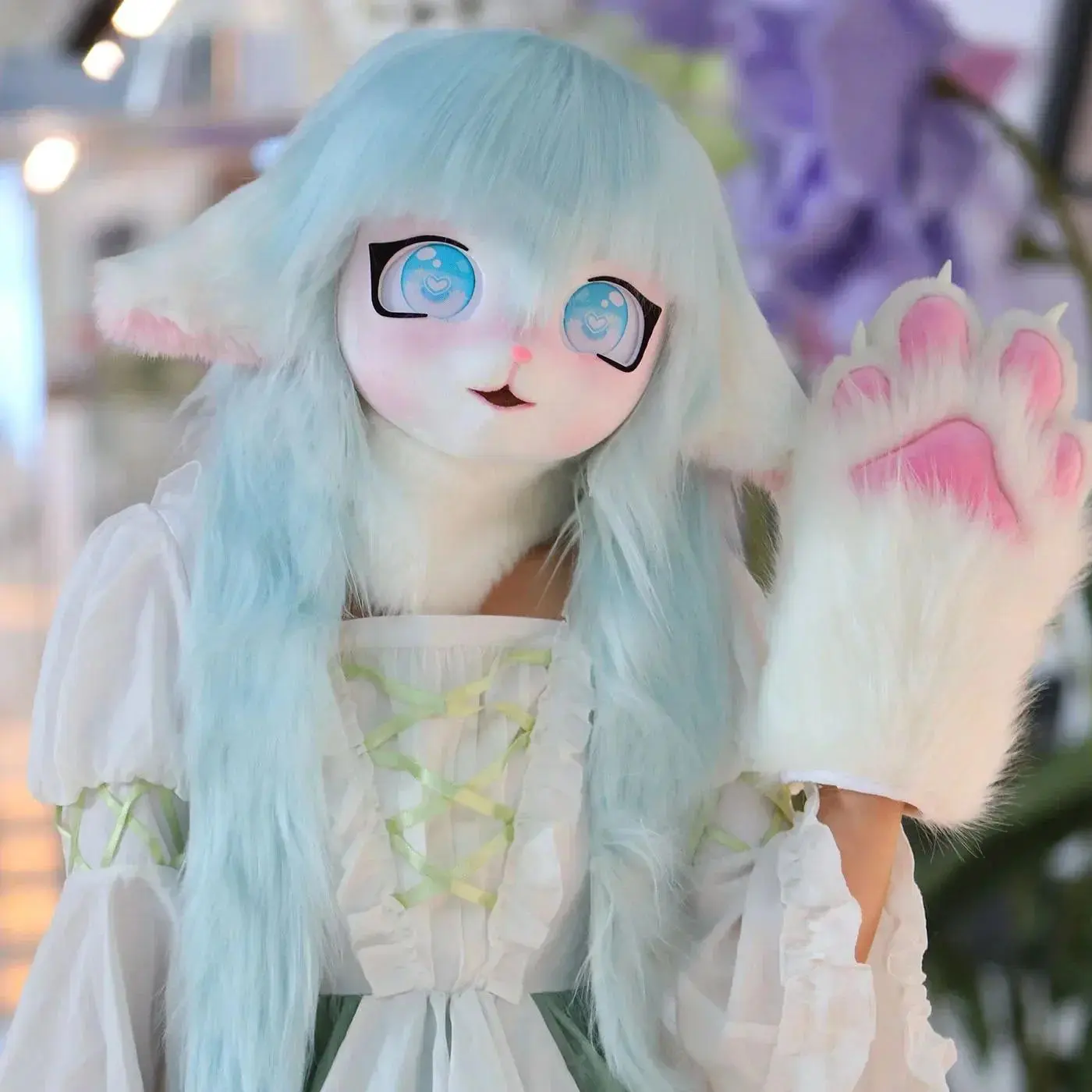 Furry Soft Mesh Polyester Kig Fursuit Kigurumi Cosplay Clothes Set - Rabbit Animal Ear Mask, Head Base, Paws, Headset, 3D Stereolithography Printing, Comfortable, External Fan Recommended for Ventilation, Halloween, Comiket Performances, Plush, Animals, K