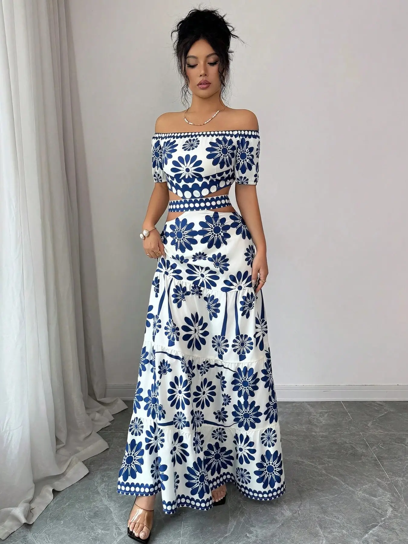 Women's Floral Print Off-Shoulder Short Sleeve Hollow Out Waist Fashion Dress, Tropical Vacation Women's Dress, Long Dress for Summer