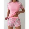 Raglan Color Block 2 Piece Swimsuit Set, Comes with built-in bra pads,Short Sleeve Rash Guard Top + Drawstring Printed Shorts, Women Tankini Surf Swimwear