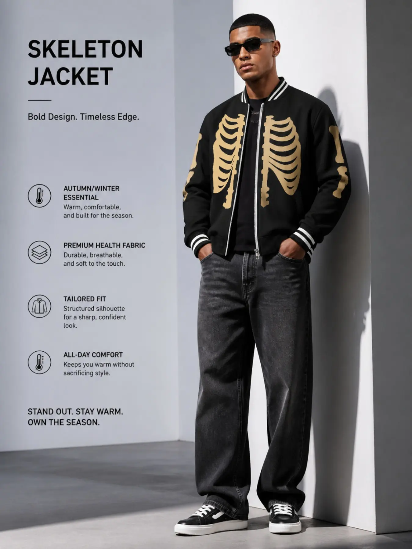 Men's Skeleton Ribbed Zipper Jacket, Gold Bone Pattern Bomber Shirt, Vintage Halloween Gothic Baseball Collar Fall Winter Sports Coat
