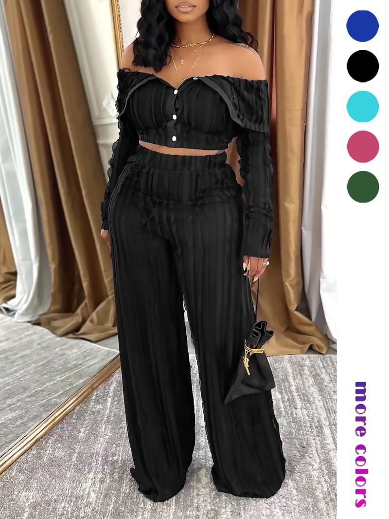 Lady 's Solid Off Shoulder Top & Wide Leg Pants Set, Elegant Loose Fashion Casual Two Piece Outfits for Daily Outdoor Wear, Casual Summer Set, Women Clothes for All Seasons, Womenswear