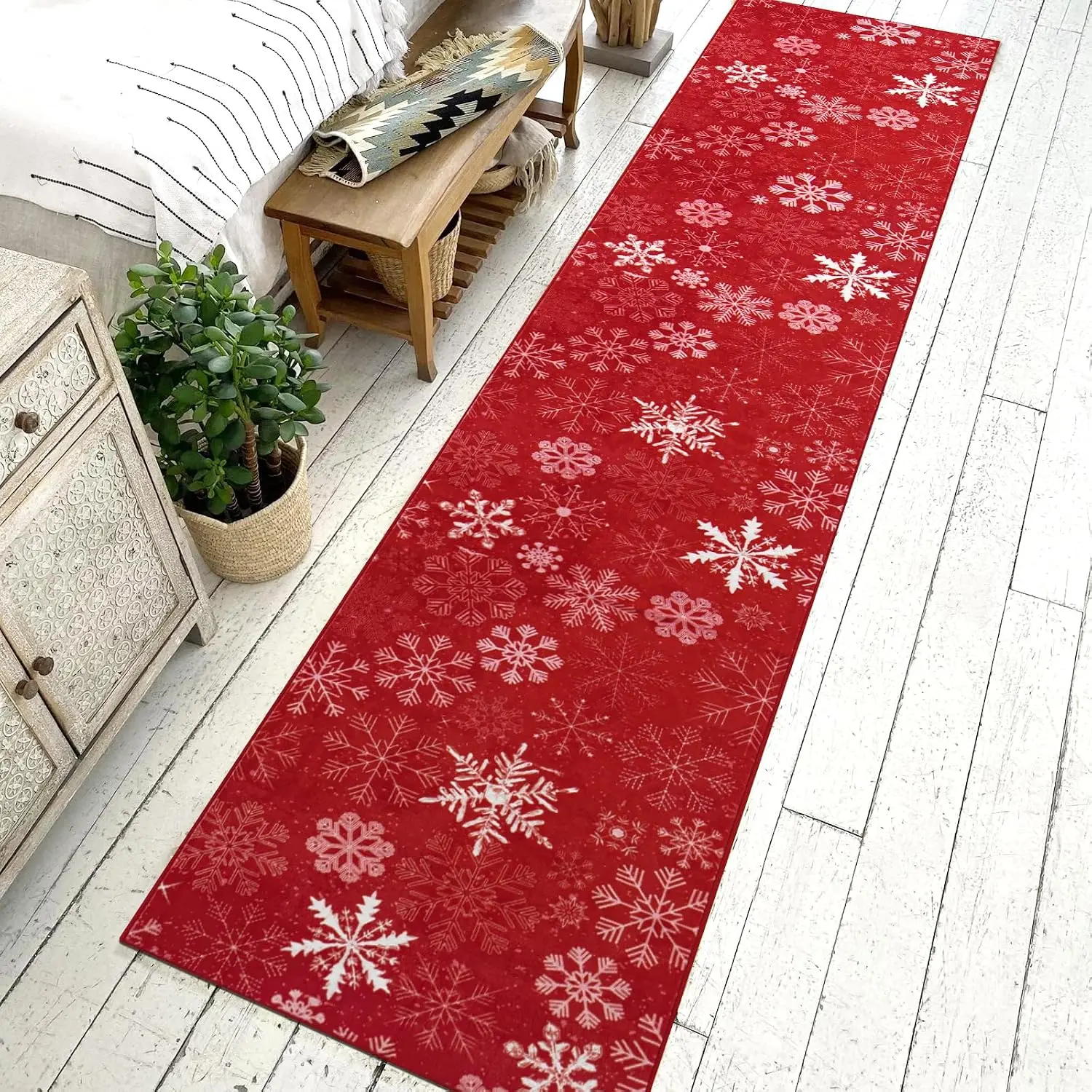 Christmas Red Rug-2x10 Snowflake Washable Runner Area Rug Antiskid Hallway Throw Runner Holiday Low Pile Large Floor Cover Carpet for Bedroom Living Room Laundry Decor