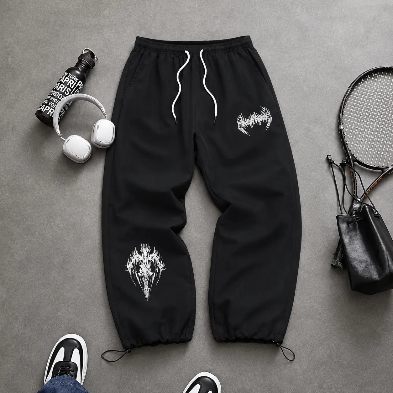 Men's Street Jogger Pants Gothic Graphic Print Y2K Metal Spiky Font Tribal Tattoo Baggy Loose Fit Polyester Lightweight Track Pants Elastic Waistband Adjustable Hem Cord Toggle Pockets Trousers Bottoms Harajuku Punk Grunge cozy Streetwear everyday style