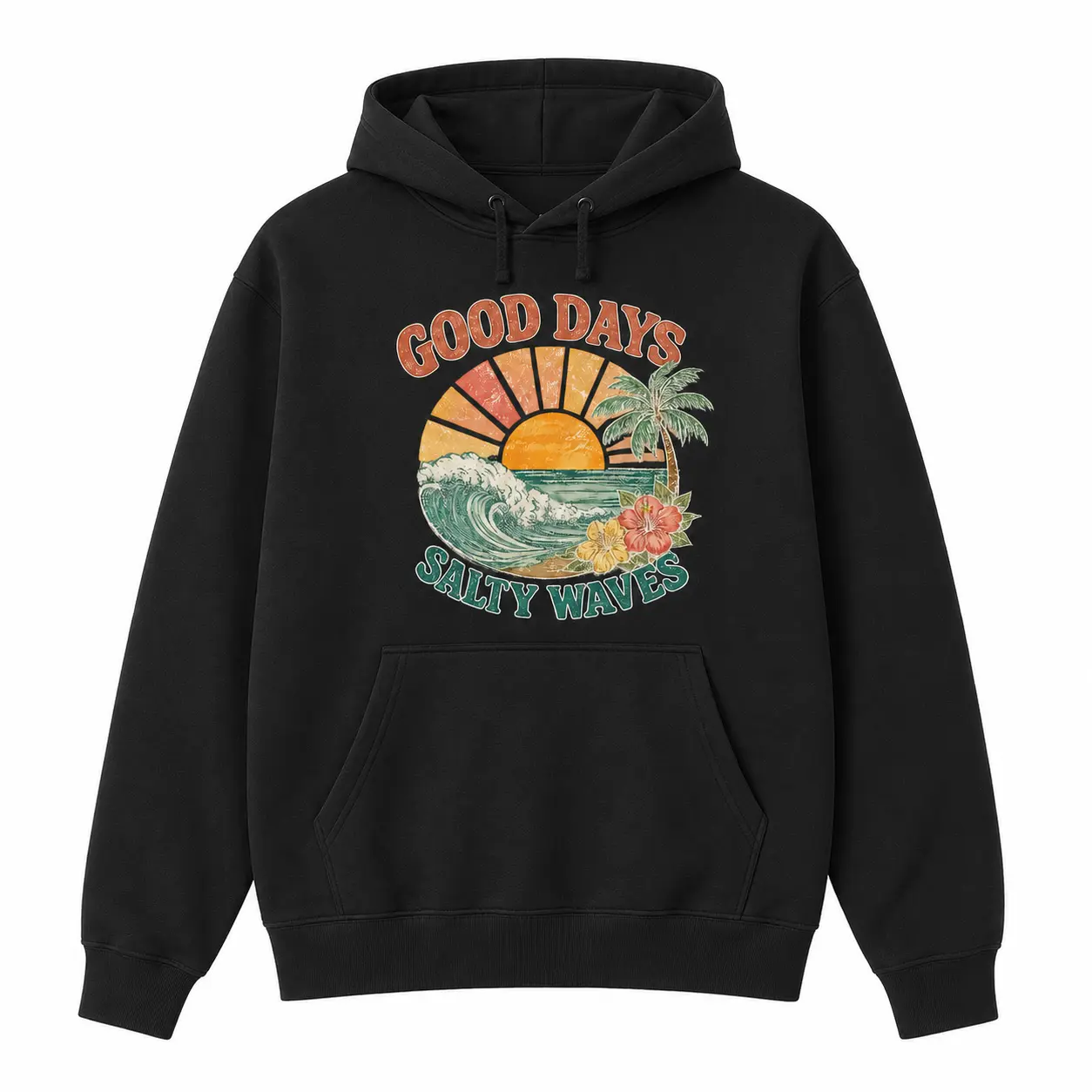 Men's Unisex Salty Waves Graphic Hoodie - Retro Beach Sunset Pullover, Ocean Wave Palm Tree Tops, Casual Coastal Kangaroo Pocket Ribbed Sweatshirt, Everyday Outfits, Long Sleeves, Tropical