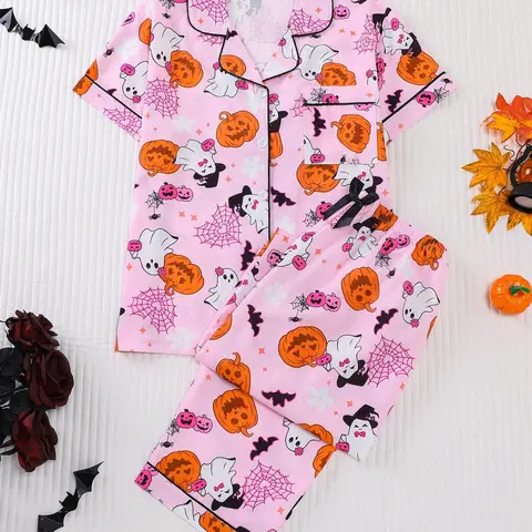 Women's Halloween Pumpkin and Ghost Print Pajama Set, Short Sleeve and Long Pants Two-Piece Set, Perfect for Fall and Halloween, Ghost Print Sleepwear