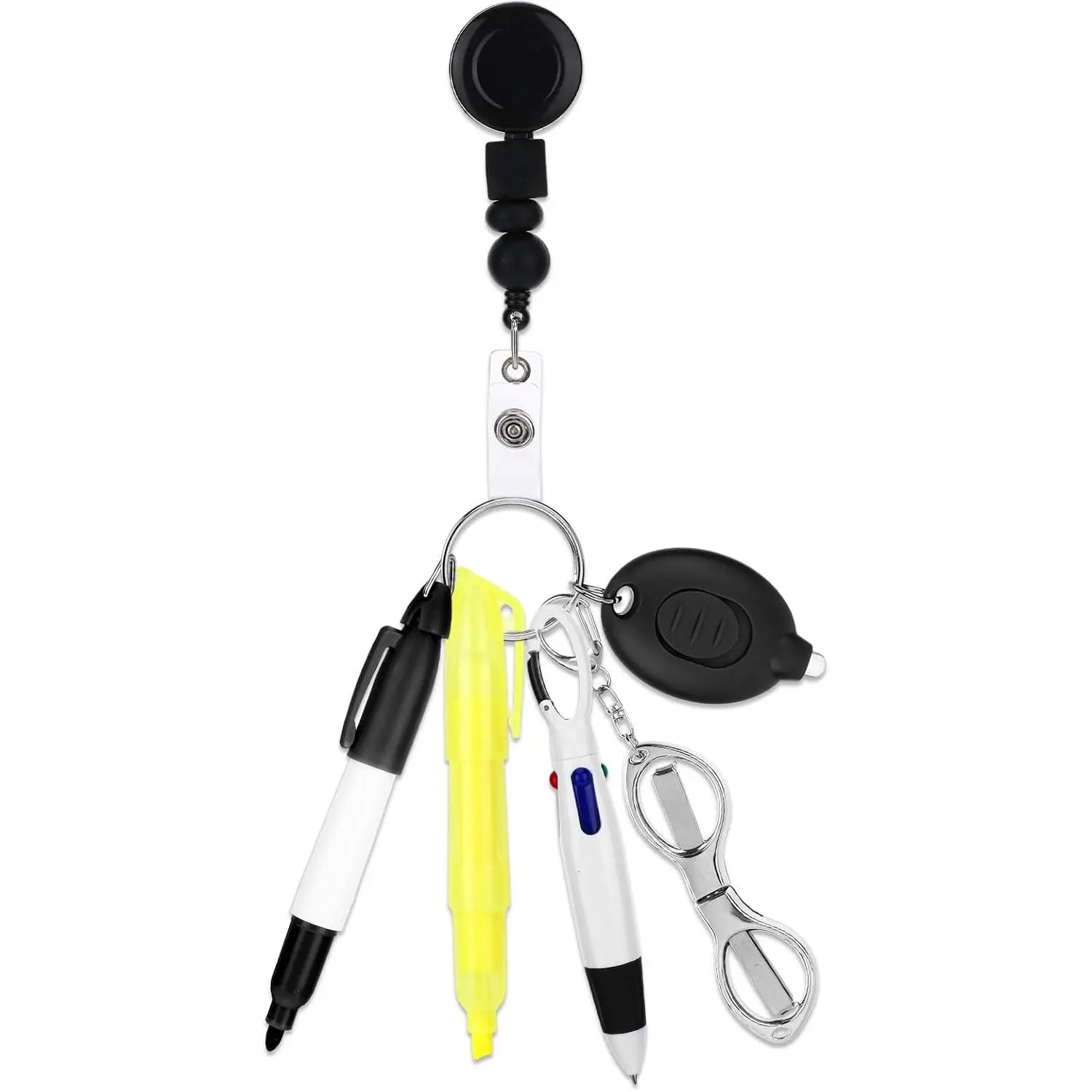 6 count Nurse Pen Set Includes Retractable Ballpoint Pen, Permanent Marker, Mini Highlighter, LED Flashlight, Foldable , Badge Reel Clip for Nurse Badge Accessories (Black)