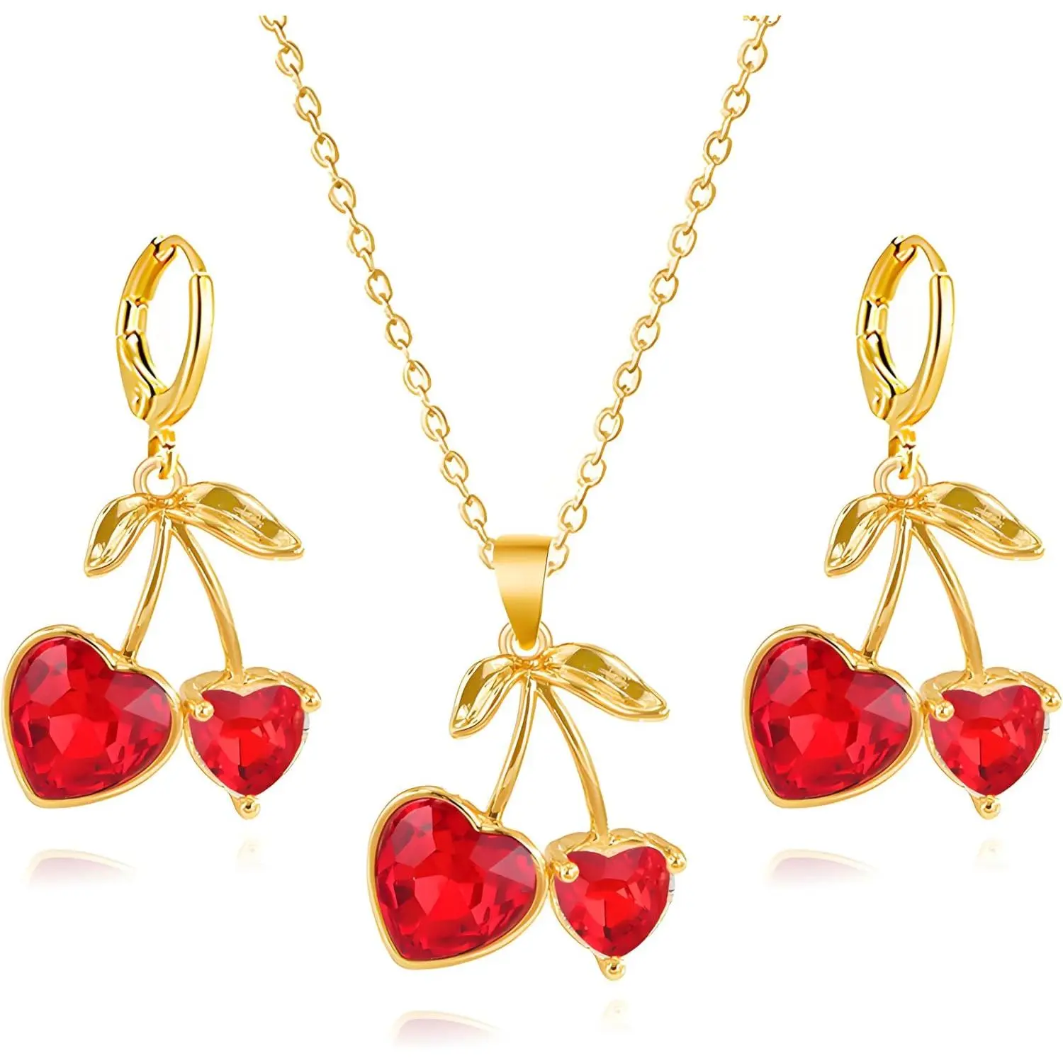 Red Cherry Fruit Necklace Earring Sets for Women Cute Sweet  Plated Dainty Cherry Fashion Necklace