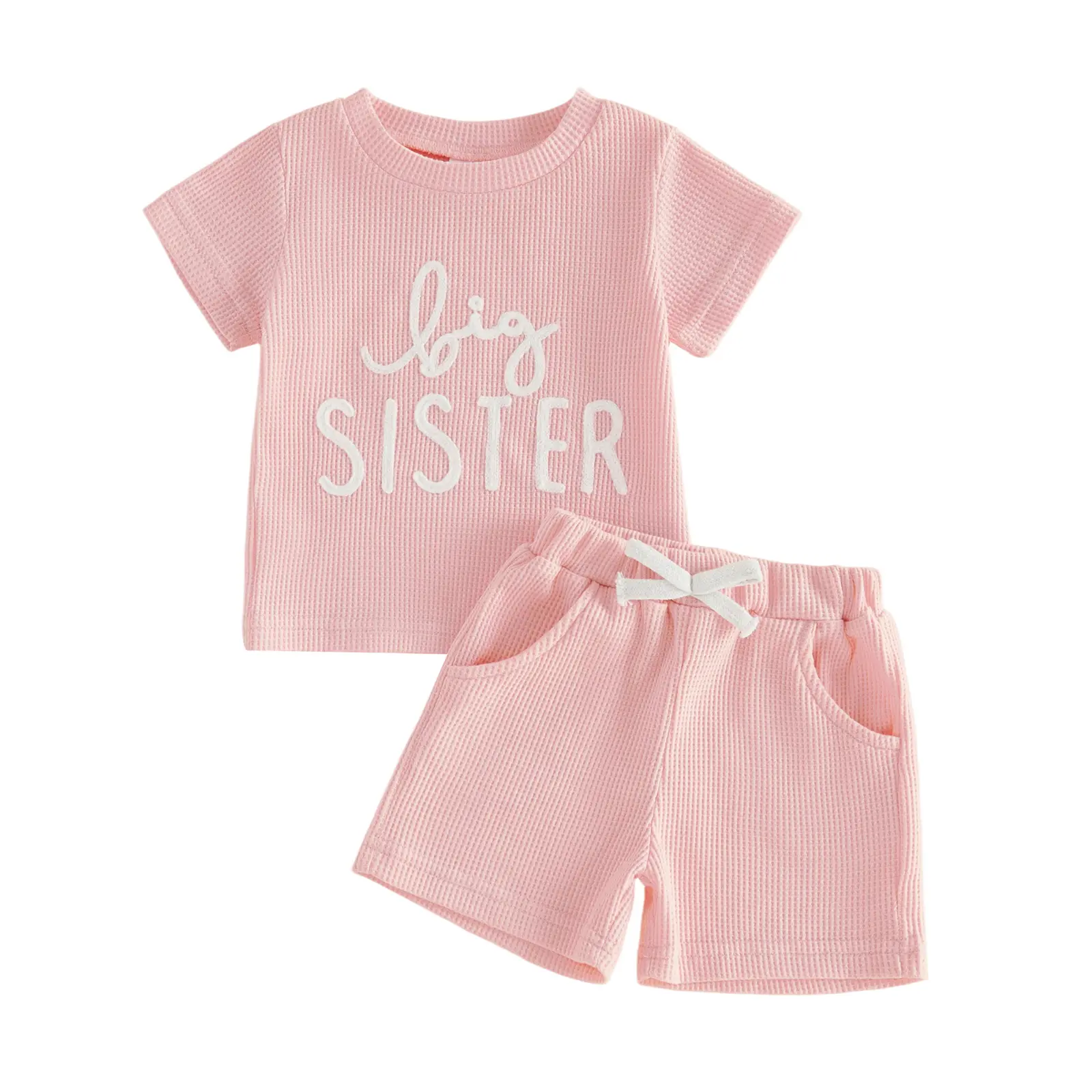Sibling Matching Big Brother/Sister Outfit Short Sleeve Tops and Waffle Shorts 2Pcs Set