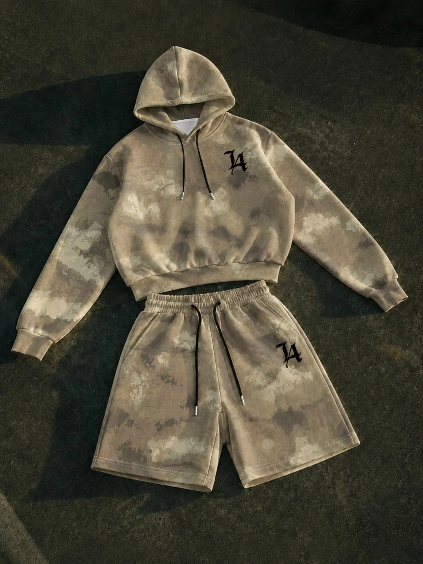 Unisex Vintage Sand Camo Cropped Hoodie Shorts Set Y2K Letter Graphic Tracksuit for Everyday Outfit,camo,shorts