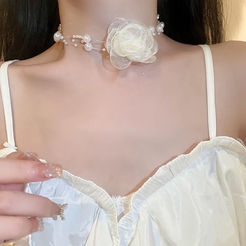 French-style romantic multi-layer faux pearl flower necklace trendy fashion accessory