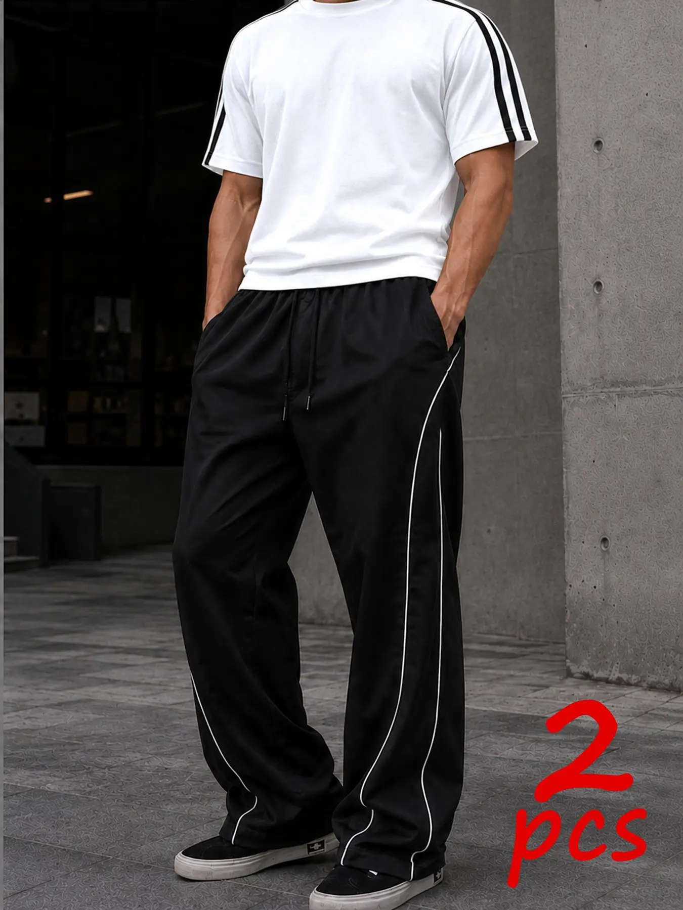 Men's 2 Piece Tracksuit Set, Stripe Short Sleeve T-Shirt & Wide Leg Sweatpants, Loose Fit Casual Sport Wear, Summer Street Style