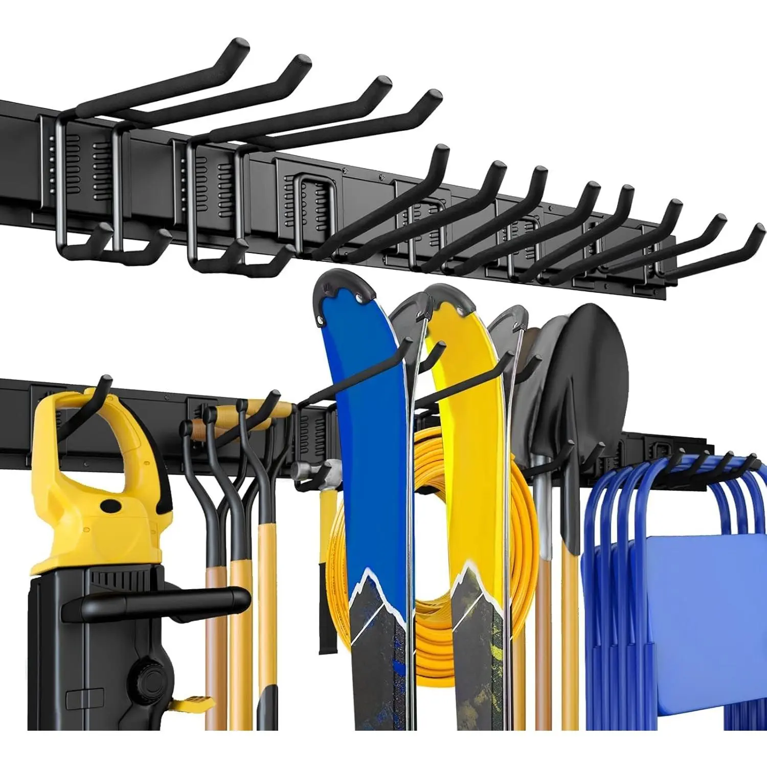 48-in Hangable Steel Linear Rack Garage Tool Organizer Wall Mount, 440lbs Capacity Garden Storage with Adjustable Hooks, Easy Installation Shovel Rake Broom Ladder Holder, Men’s Gift