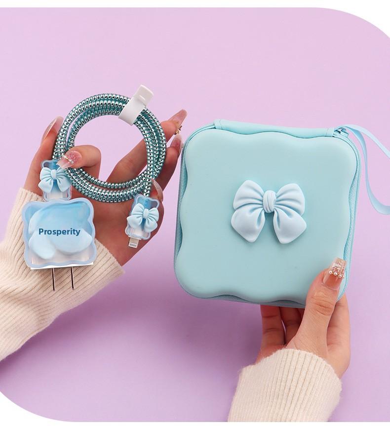 iPhone Charger Cable Protector Set with Cute Pink Bow, Only Compatible with Apple Original 18W/20W Adapter, Anti-Break Data Cable Organizer & Storage Bag for Women Girls (Charger & Cable Not Included)