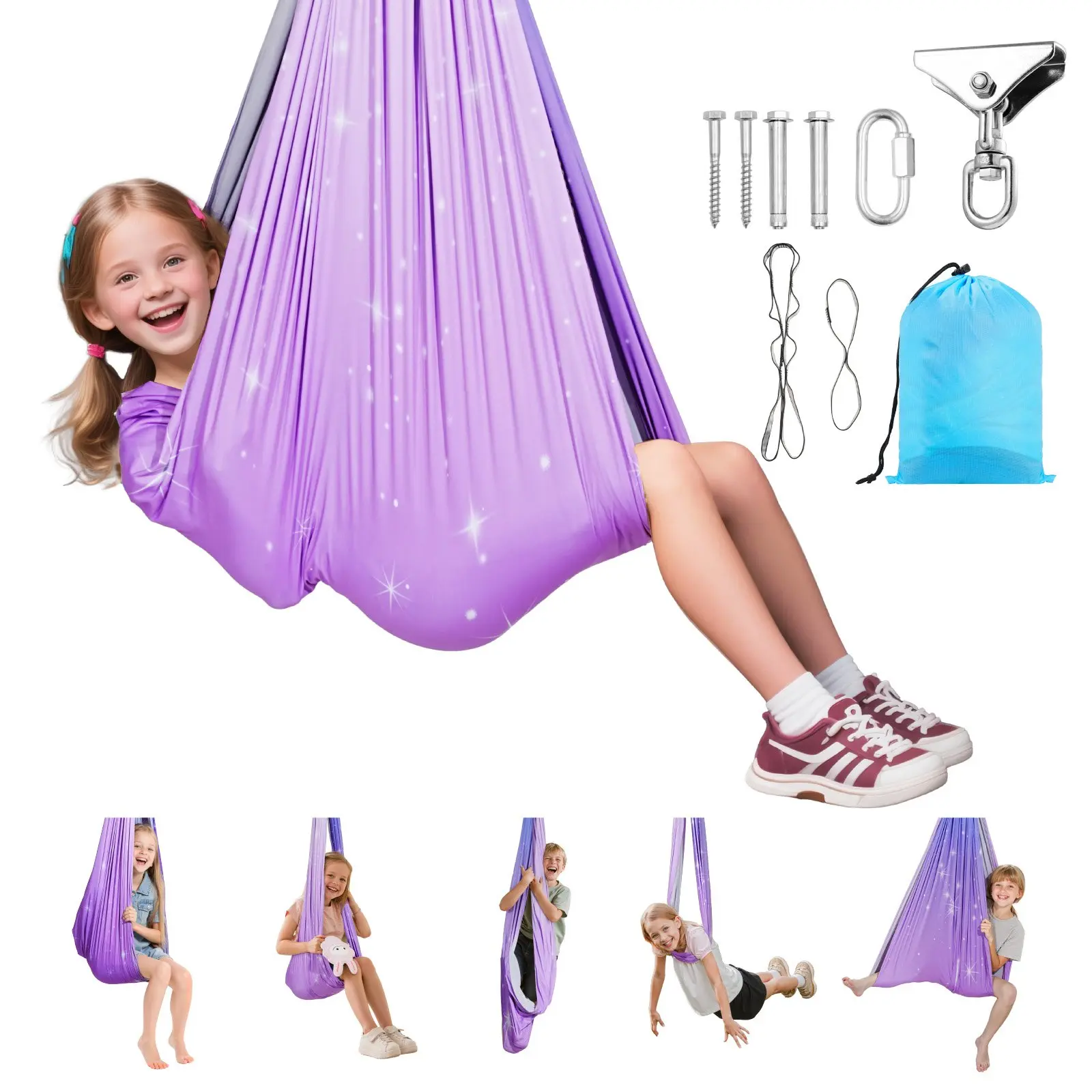 VEVOR Sensory Swing, Double-Layer Fabric Sensorys Hammock, Indoor & Outdoor Sensory Swing with 360° Swivel Hanger, O-Sling, Holds up to 300lbs, Adjustable Aerial Yoga, Ceiling Swings for Kids