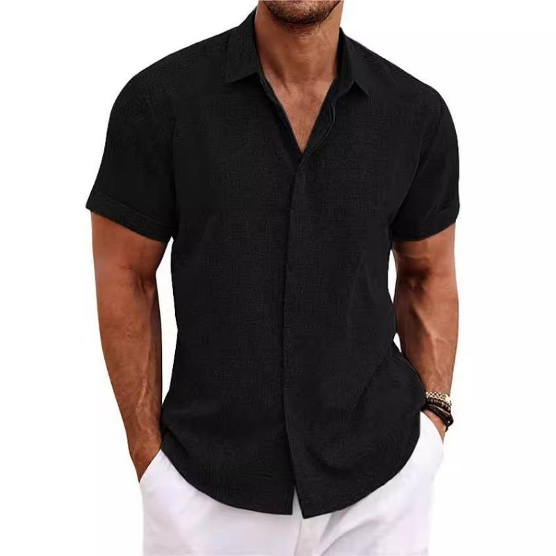 Men‘s Double Placket Cotton Linen Short Sleeve Shirt Premium Solid Color Button Front Summer Top