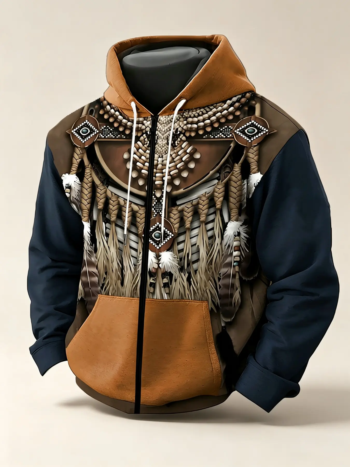 Men's Indian Tribe Beaded Feather Fringe 3D Print Zipper Hoodie, Vintage Ethnic Style Open Cardigan, Comfortable Breathable Fabric