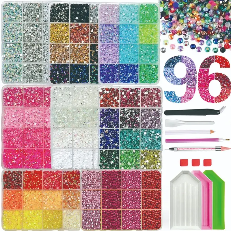 46000 Pieces 96 Colors Ab Sparkle Nail Art Flat Back Rhinestones Set, 3mm Resin Rhinestones with Tools, Ideal for DIY Crafts and Decorations