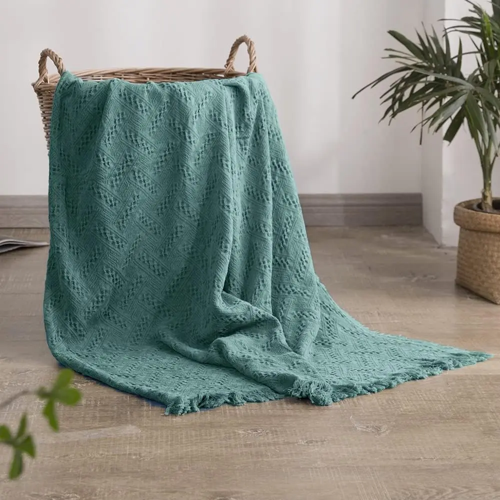 Throw Blanket for Bed, Couch, Boho Luxury Geometric Knit Woven Blanket with Tassels Soft Lightweight Cozy Breathable,   Decoration for -(Green)