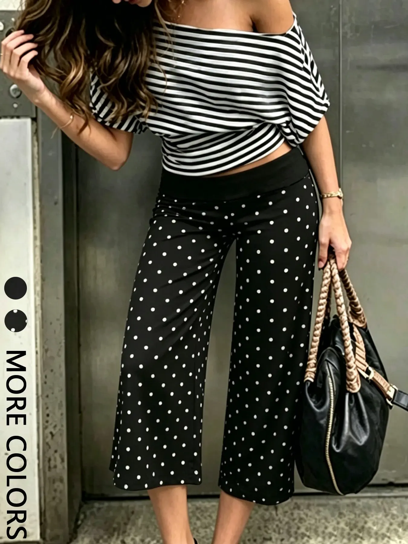 Women's Casual Chic Summer Polka Dot Short Bell Bottom Pants, Folded High Waist Design, Seven-Eighths Home Leisure Trousers, All Seasons, Womenswear