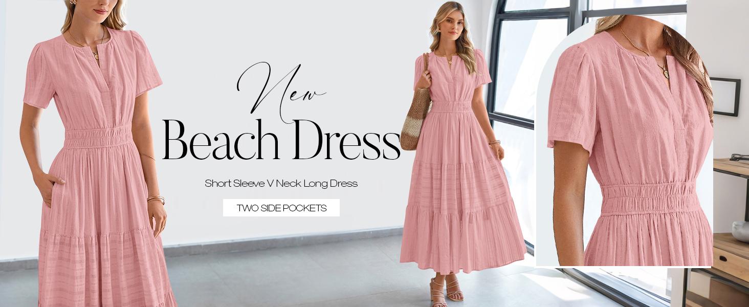 ComfortZone Women's Summer 2025 Casual Maxi Dress Lightweight Short Sleeve  V Neck Boho Dress with Pockets#Outdoor fun Fabric - TikTok Shop