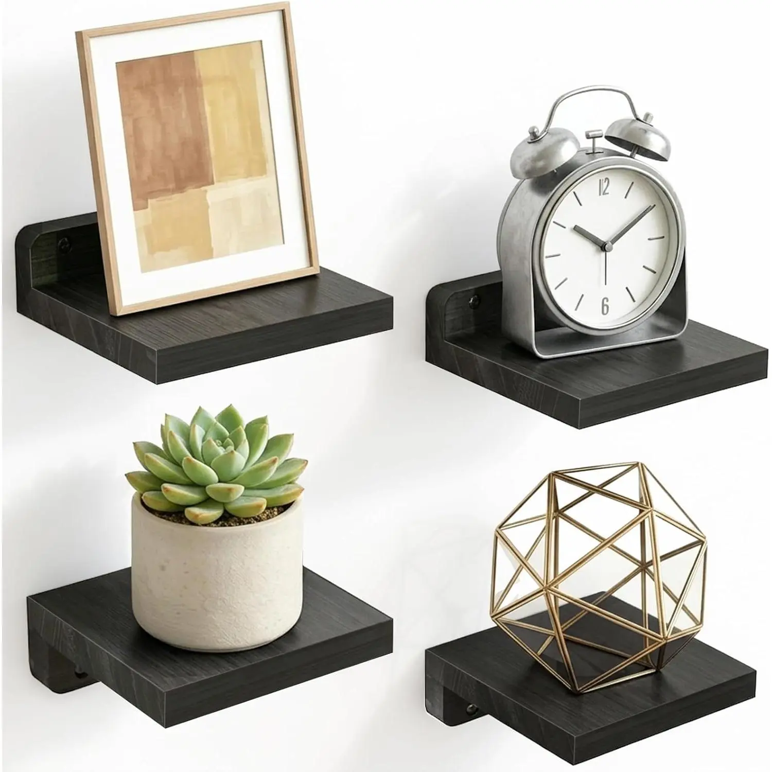 Wall Shelves, 5x5 Inches Small Floating Shelf, Rustic Wood Wall Mounted Shelves for Bedroom, Living Room, Kitchen, Bathroom Decor (Set of 4, Black)