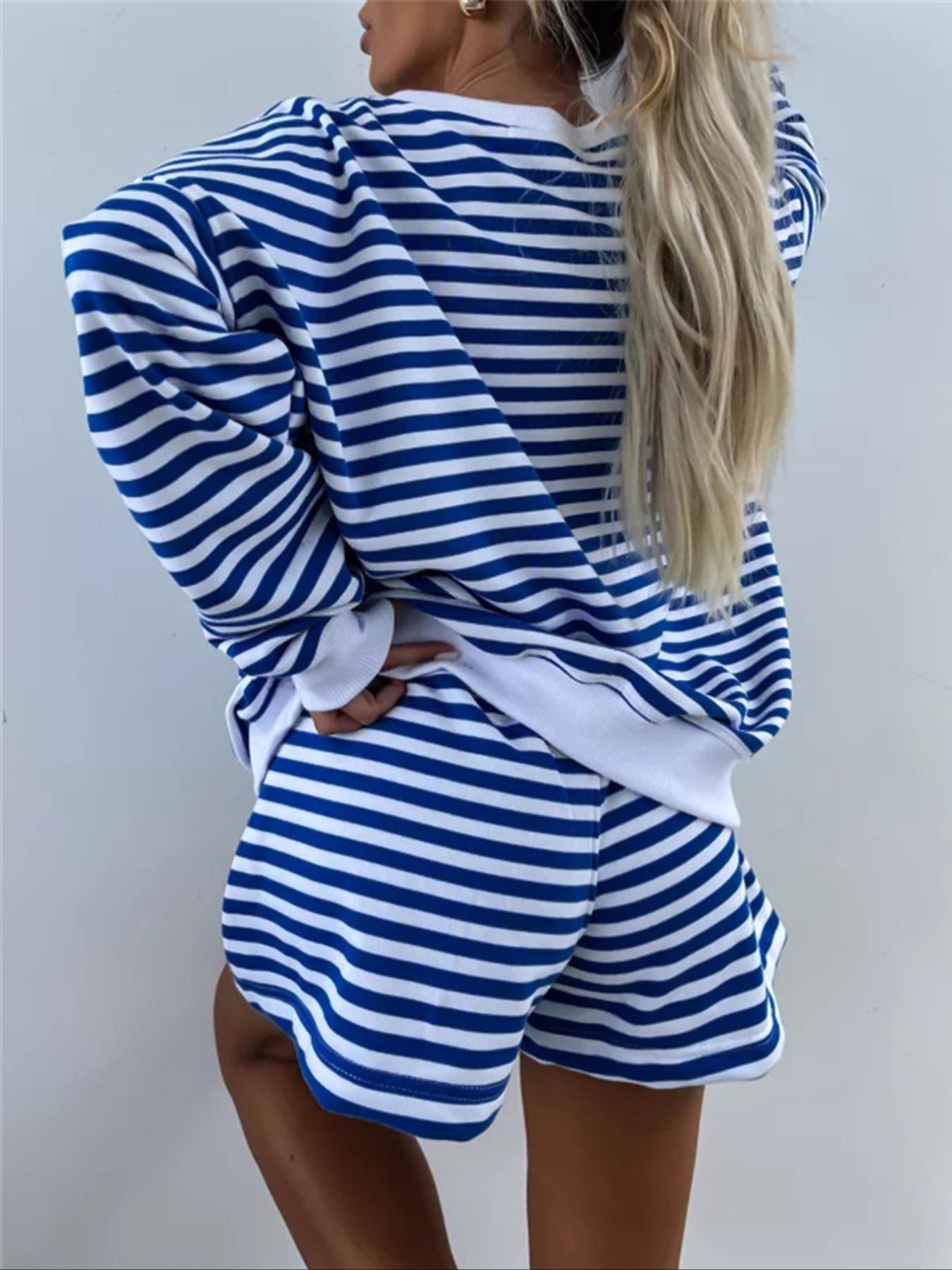 Women's Striped Print Drop Shoulder Long Sleeve Tee & Elastic Waist Shorts Two-piece Set, Casual Fashion Cozy Breathable Soft Fabric Two Piece Outfits for Daily Outdoor Wear, Women Clothes for Spring & Fall