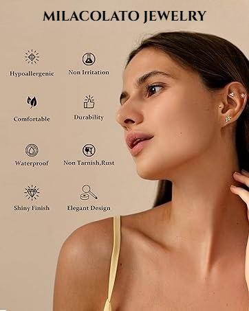 MILACOLATO G23 Titanium Threadless Flat Back Earrings-Hypoallergenic 6A Cubic Zirconia Earrings Studs for Men-Trendy 20G Flatback Push Pin Cartilage Earring for Helix Tragus Piercing