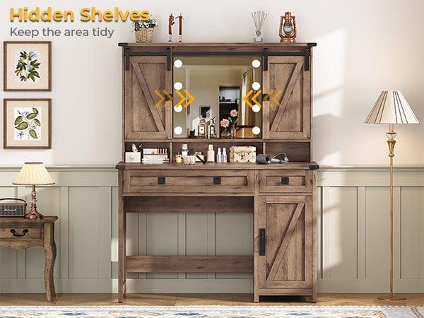 Sikaic Makeup Vanity with LED Mirror Sliding Barn Doors Brown