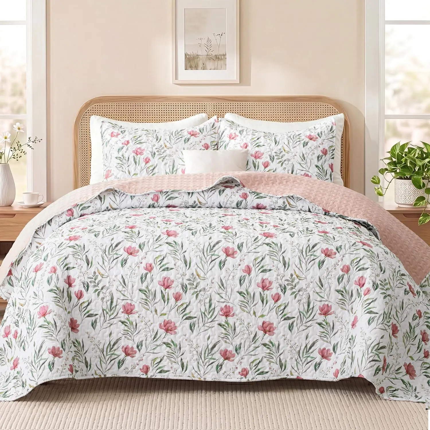 Twin Size Reversible Plush Cooling Bedspread Coverlet Set - White Watercolor Hues Botanical Print, Breathable, Reinforced Stitching, 68"x88", Set Includes Pillow Sham, Ideal for Bedroom Decor, Floral