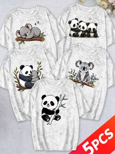 5Pcs Women Snow Wash Tee,Panda Koala Hug & Bamboo Panda Print,multi-color,washable,soft summer top