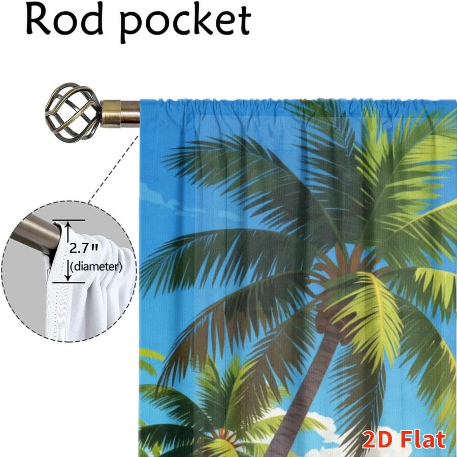 2Pcs Coastal Style Beach Scene Dolphin Seagull Palm Tree Sun Blocking Curtains Digital Printed Rod Pocket, Window Treatment For Bedroom Office Kitchen Living Room Study Home Decor