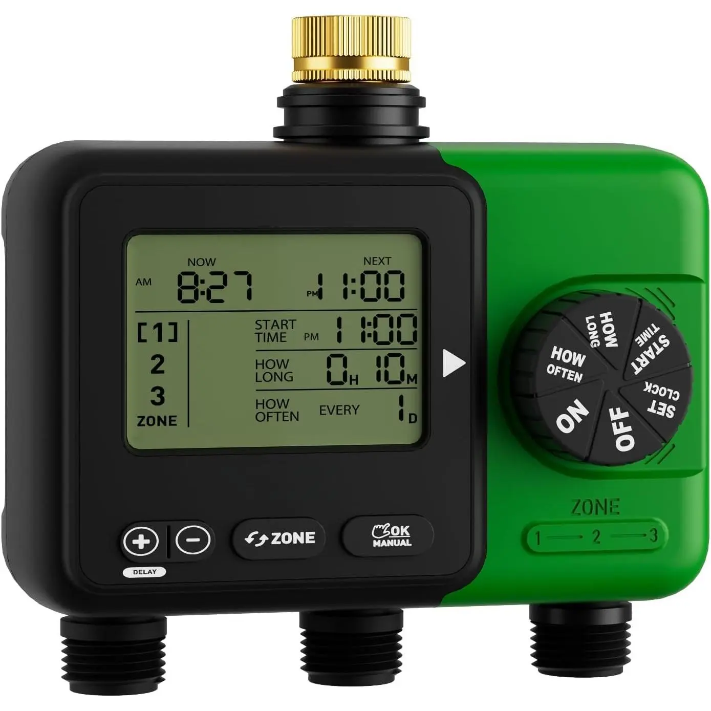 3-Zone Sprinkler Timer for Garden Hose with Brass Inlet | Triple Outlet Programmable Timer Up to 9h59m, Rain Delay/Manual/Automatic, Outdoor Hose Timer for Lawn and Soaker Hose