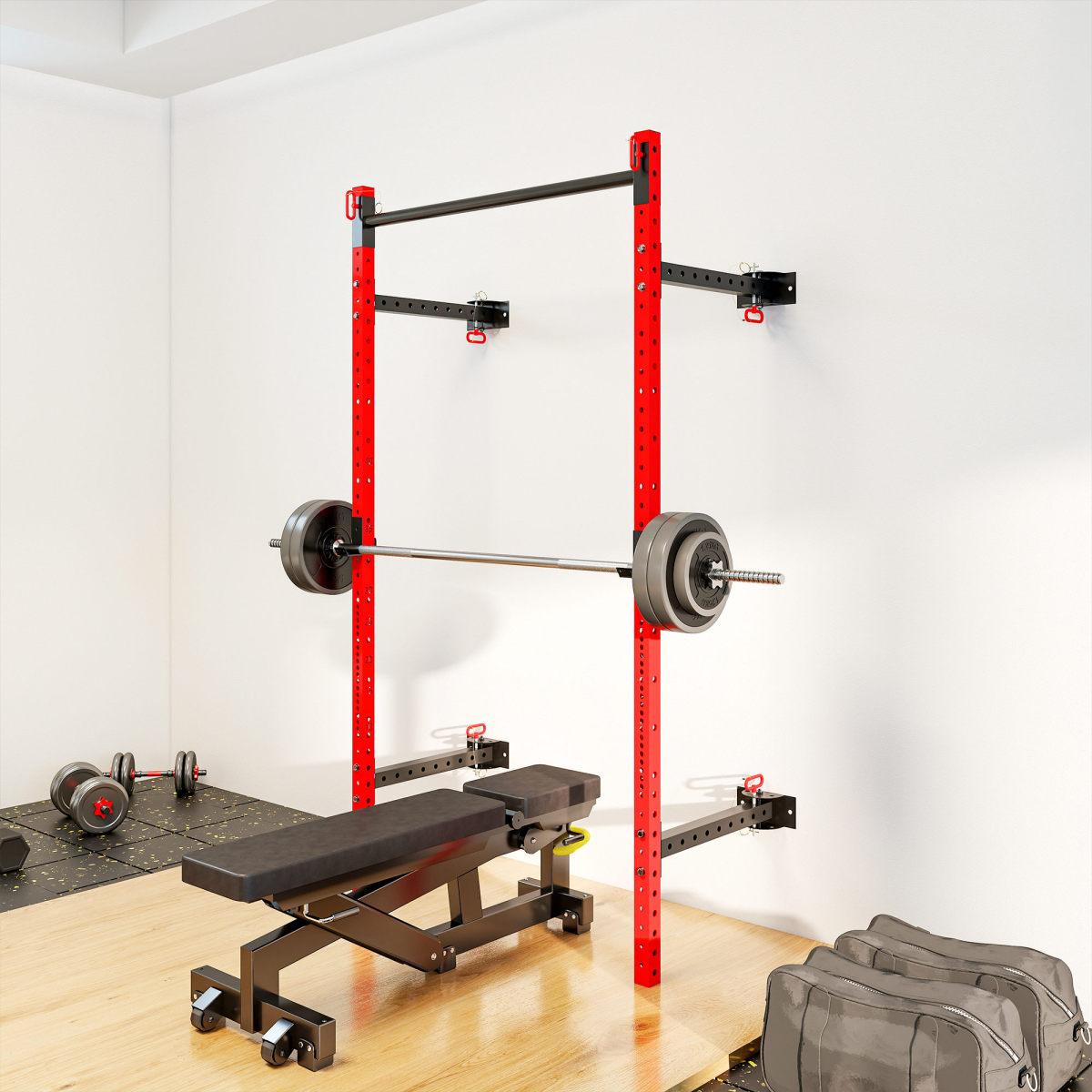 [Fahuac] Soozier Folding Squat Rack with Pull Up Bar, Wall Mounted 1000 lbs Capacity Power Rack, 17-Level Adjustable Barbell Rack, Space Saving for Home Gym Garage, Red
