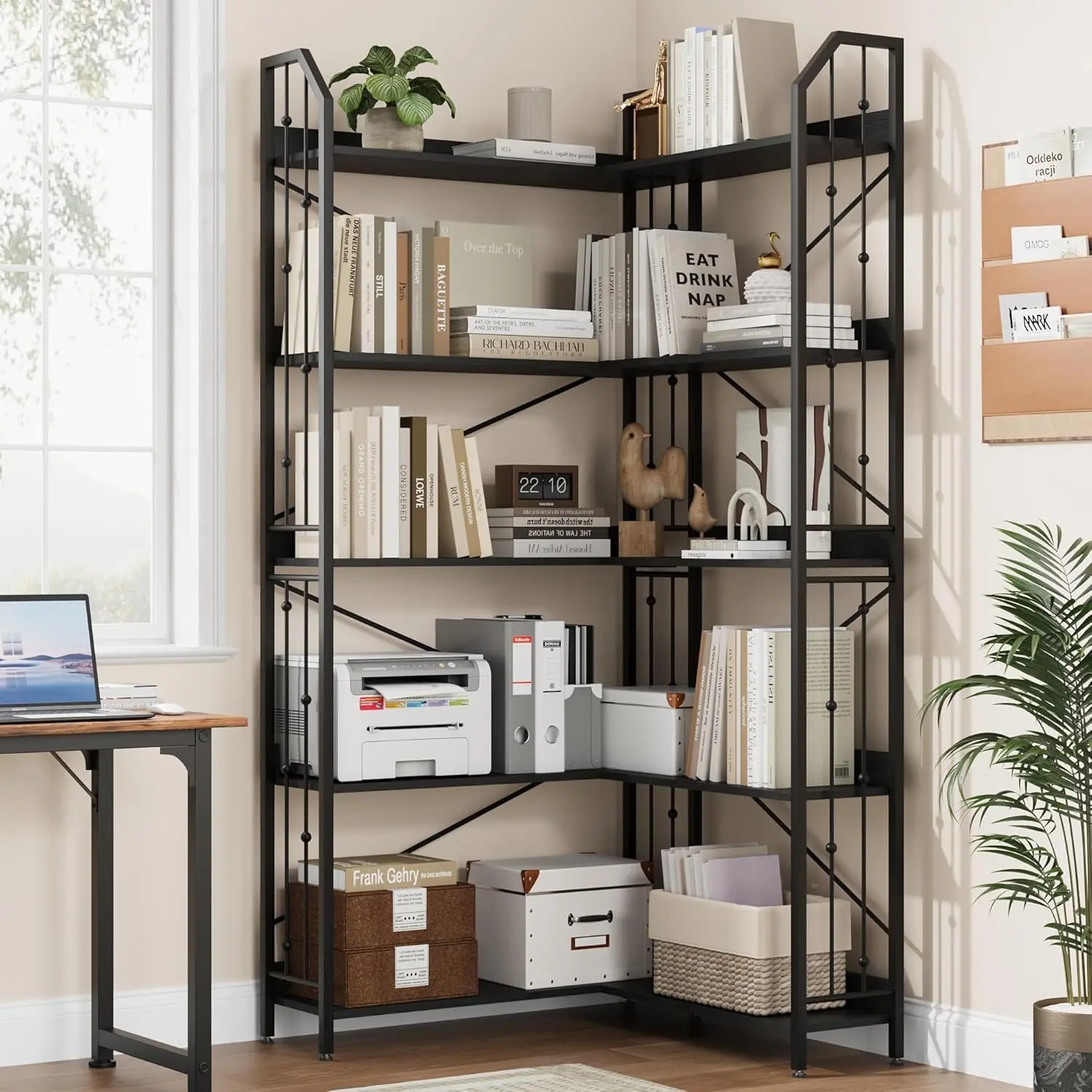 【GARVEE】Father's Day Gift 72" Tall Industrial L-Shaped Corner Bookshelf, 5-Tier Beaded Design Metal Frame Corner Display Shelf with Adjustable ft for Living Room, Home Library, Bookworm Lifestyle, Collectibles Storage - Contemporary, summergarden, No