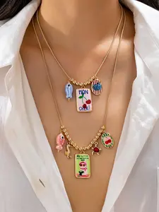 2Pc Dopamine Fun Enamel Charm Dangling Charms Necklace - Gold Layered Chain with Cute Animal & Text Pendants, Playful Whimsical Statement Boho Jewelry