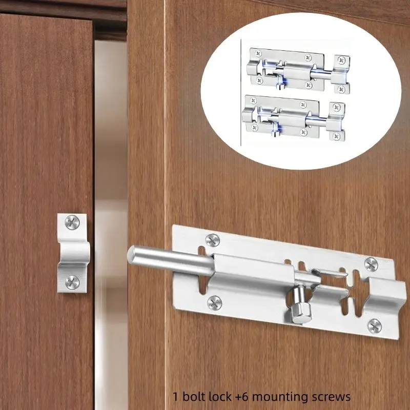 7-Piece Stainless Steel Bolt Lock Set, Includes 1 Bolt Lock + 6 Installation Screws, Sturdy Lock, Commercial Grade Security Lock