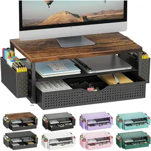 Wood Monitor Stand Riser, Office Desk Shelf Organizer, Desk Organizer with Drawer and Pen Holder, 2-Tier Computer Stand, Office Organization (Wood)