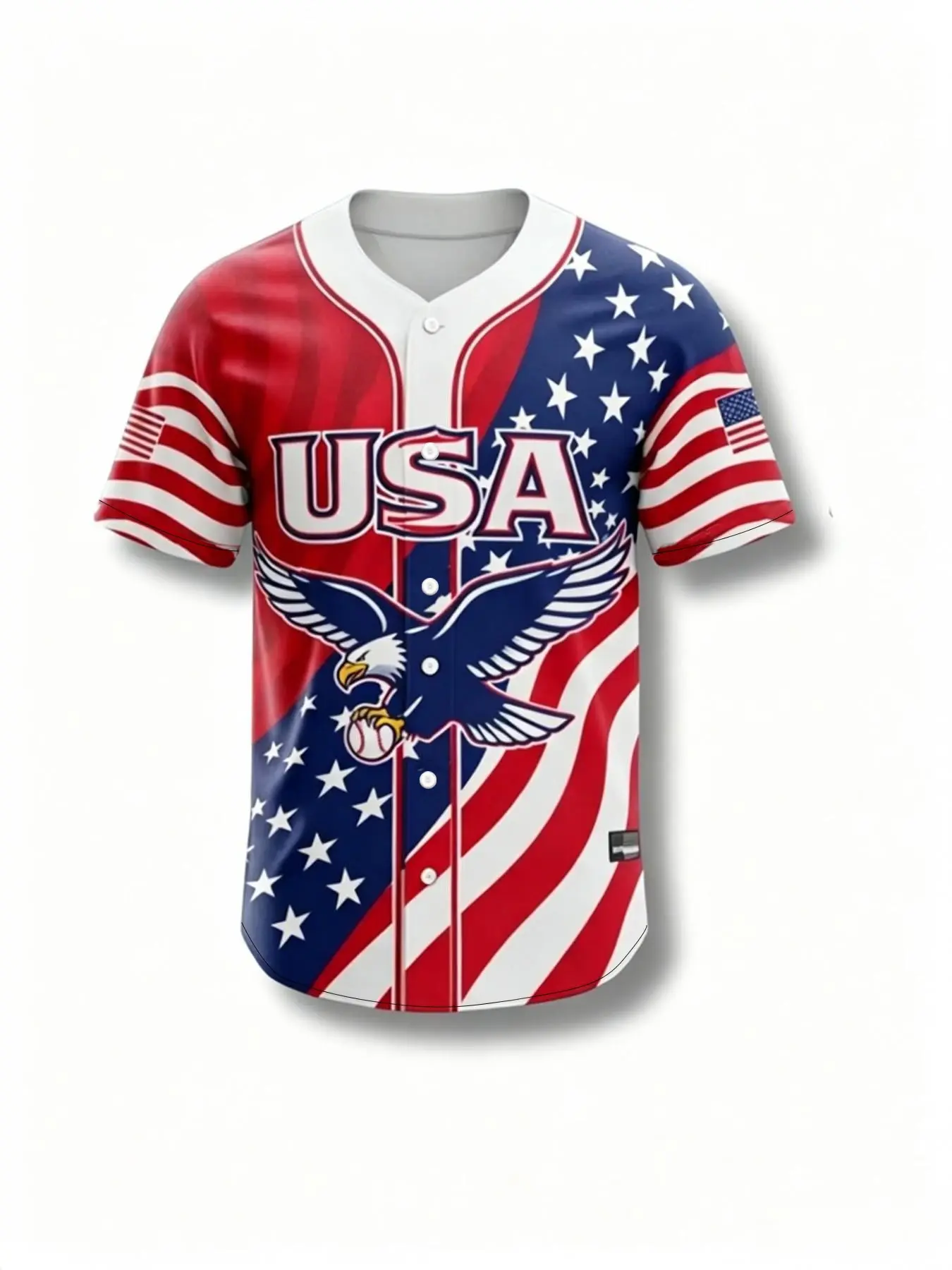American Flag Baseball Shirt, USA Theme, Unisex Short Sleeve Sports Tee, Sportswear For Summer, Sporty Look, Casual Sporty Top, Blue Stripes, Eagle Print, Casual Fashion T-Shirt, Casual Sports Tops