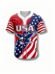 American Flag Baseball Shirt, USA Theme, Unisex Short Sleeve Sports Tee, Sporty Look, Blue Stripes, Eagle Print, Casual Fashion T-Shirt