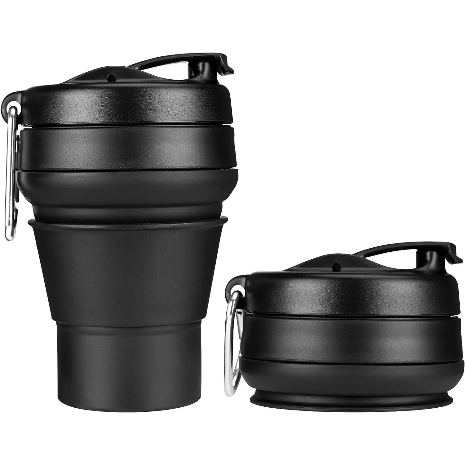 Collapsible Coffee Cup, 16 OZ 480ml Large Silicone Folding Camping Mug, Leak Proof BPA Free Portable Travel Bottle with Lids for Hiking, Microwave & Dishwasher Safe (Black)
