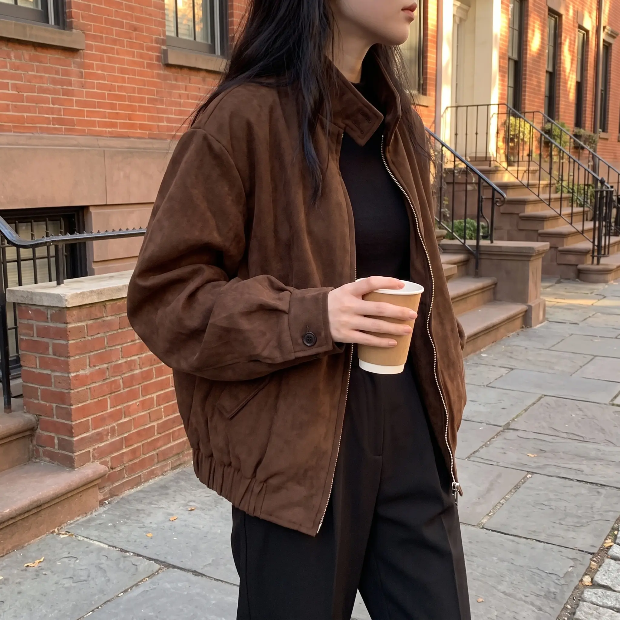 Cozy American Retro Suede Jacket for Women a Cropped High End Spring and Autumn Trendy Outerwear Piece with a Loose Fit and Soft Lined Brown Finish for Petite Everyday Socialite Styling in Sizes Small through Extra Large Coats Tops