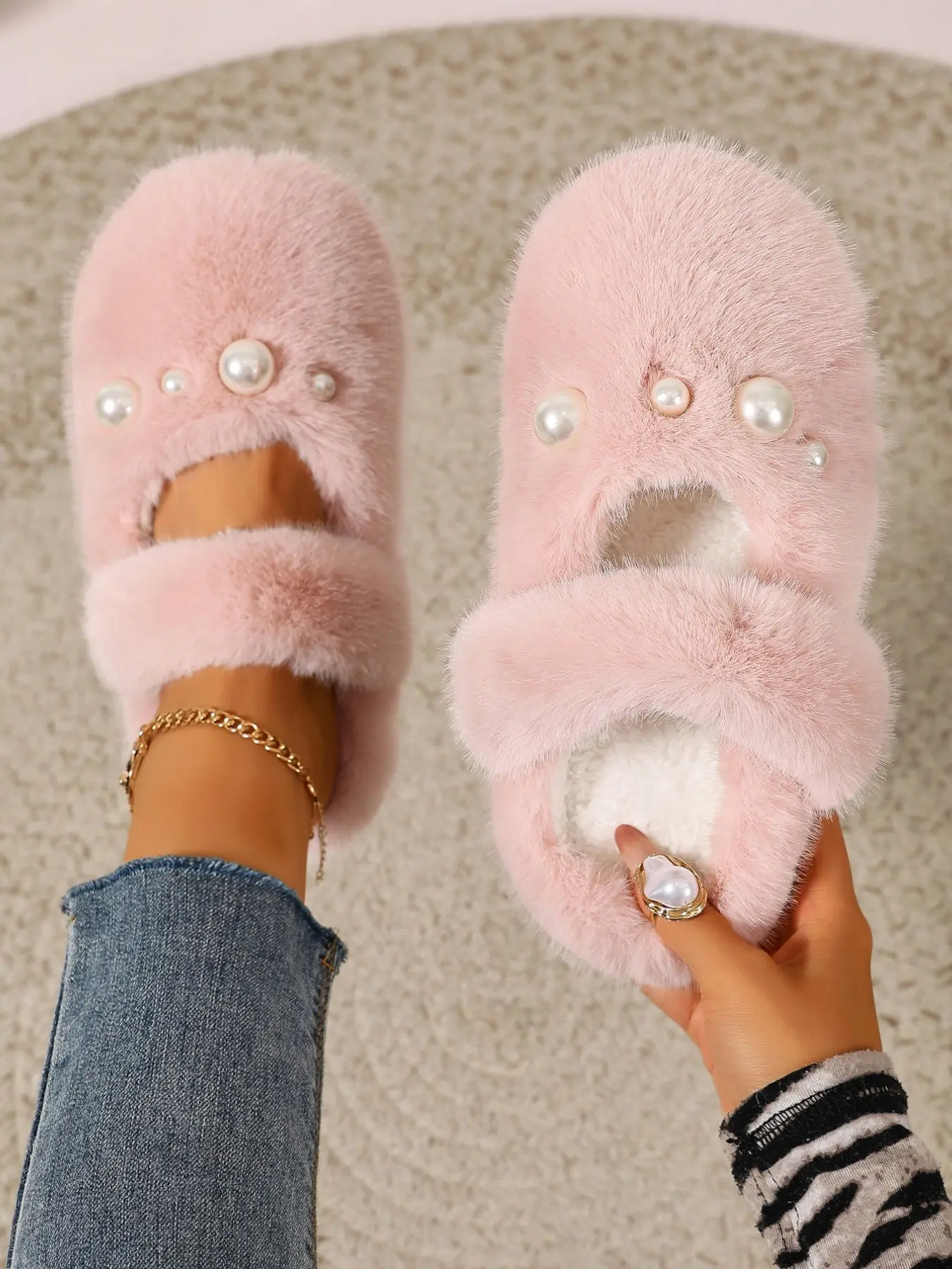 Women's Pearl Mary Jane Fuzzy Slippers, Soft Thick Sole Cotton Home Shoes, Fall Winter Sweet Style, Random Print, Textile Upper, Rubber Sole