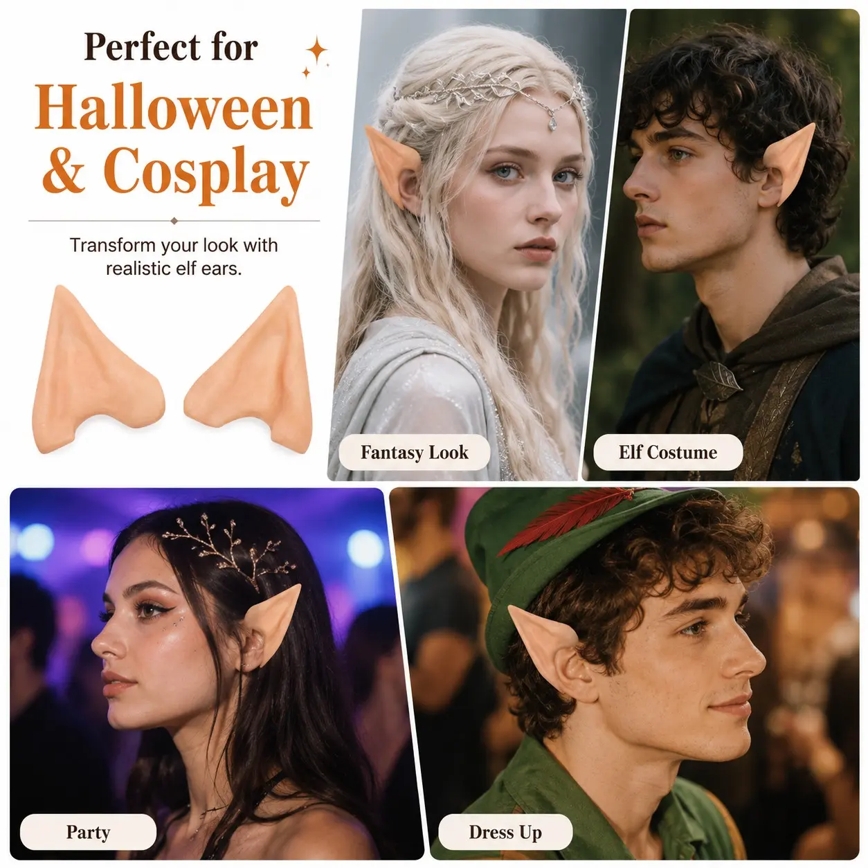 Halloween Elf Half Ears Costume Props, Fake Pointy Ears Latex Rubber Fairy Accessories, 1 Pair Halloween Decoration Supplies