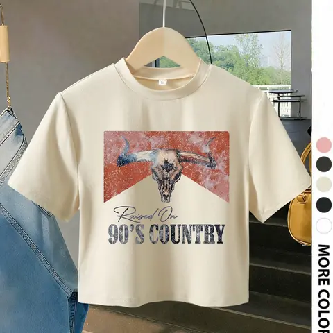 Women's Bull Head Print Round Neck Crop Tee, Casual Fashionable Streetwear Short Sleeve Crew Neck T-shirt Fitted Fit for Daily Wear, Ladies Summer, Top Womenswear Fabric