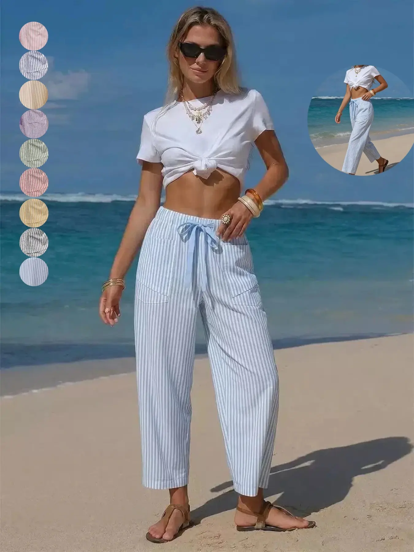 Women's Loose Striped Drawstring Casual Trousers, Elastic Waist Pants with Pockets, Available in Black, Blue, Red, Green, Pink, Purple, Sky Blue, Lemon Yellow & Khaki, 1 Piece, Bottoms