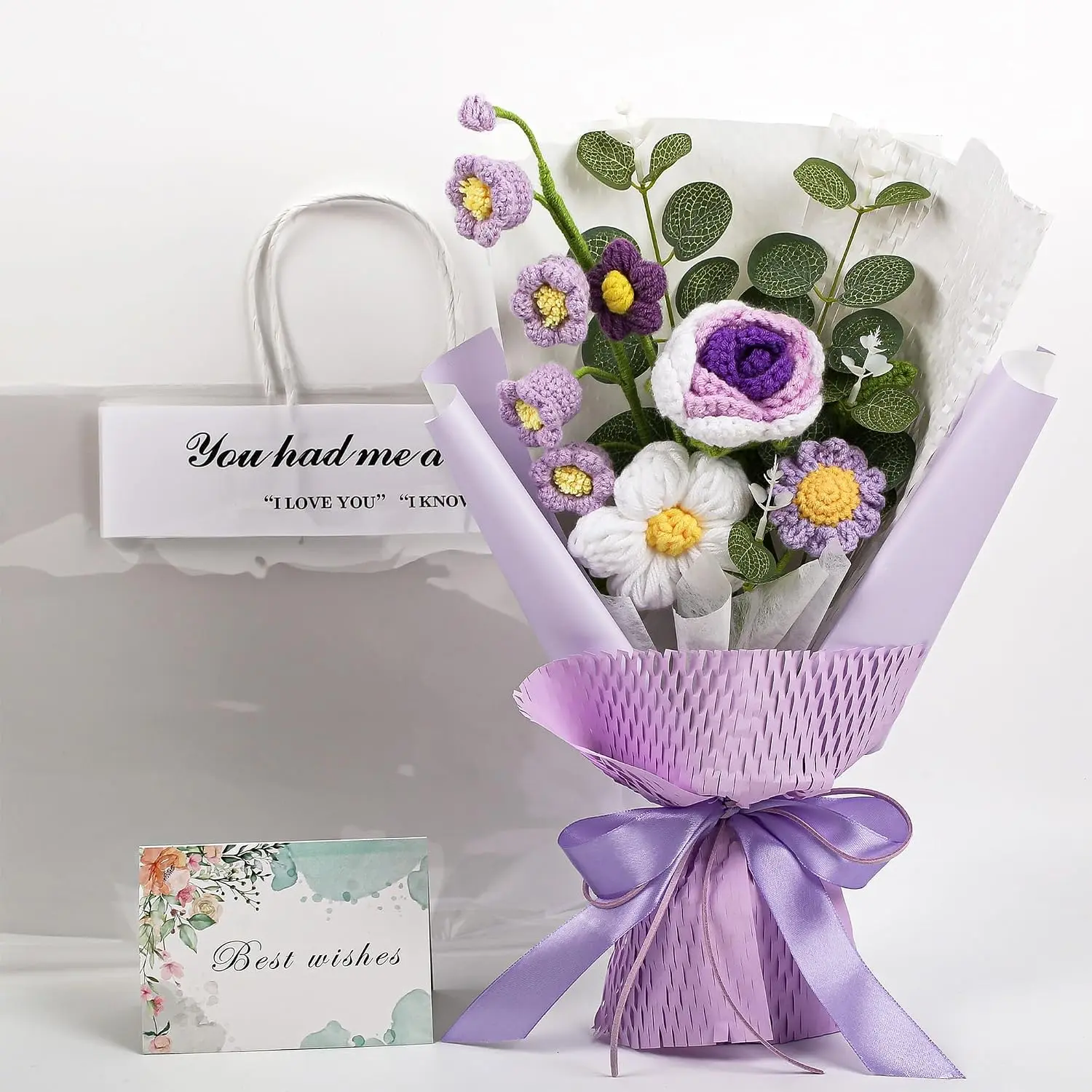 Flower Bouquet, Knitted Faux Flowers for Home Decor Valentine’s Day Anniversary Weddings Birthdays Mother’s Day, Includes Gift Bag and Greeting Card (Purple)